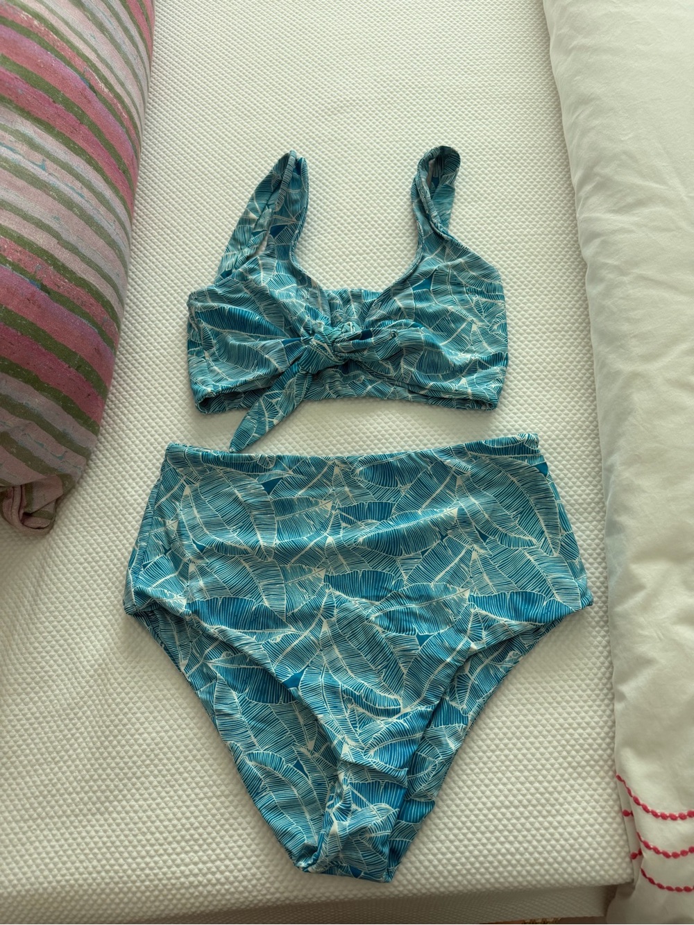 High-Waist Blue Leaf Print Bikini Set